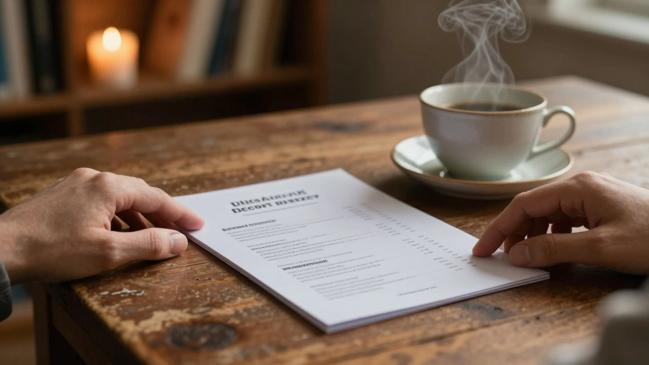 Hand holding a blurred escort agency brochure next to a teacup on a wooden table.