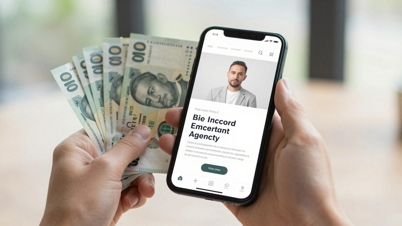 Hand holding cash next to a smartphone showing a clean agency website, representing safe and transparent booking.