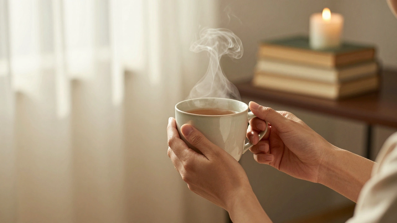 Hands holding a warm cup of tea near a window with natural light.