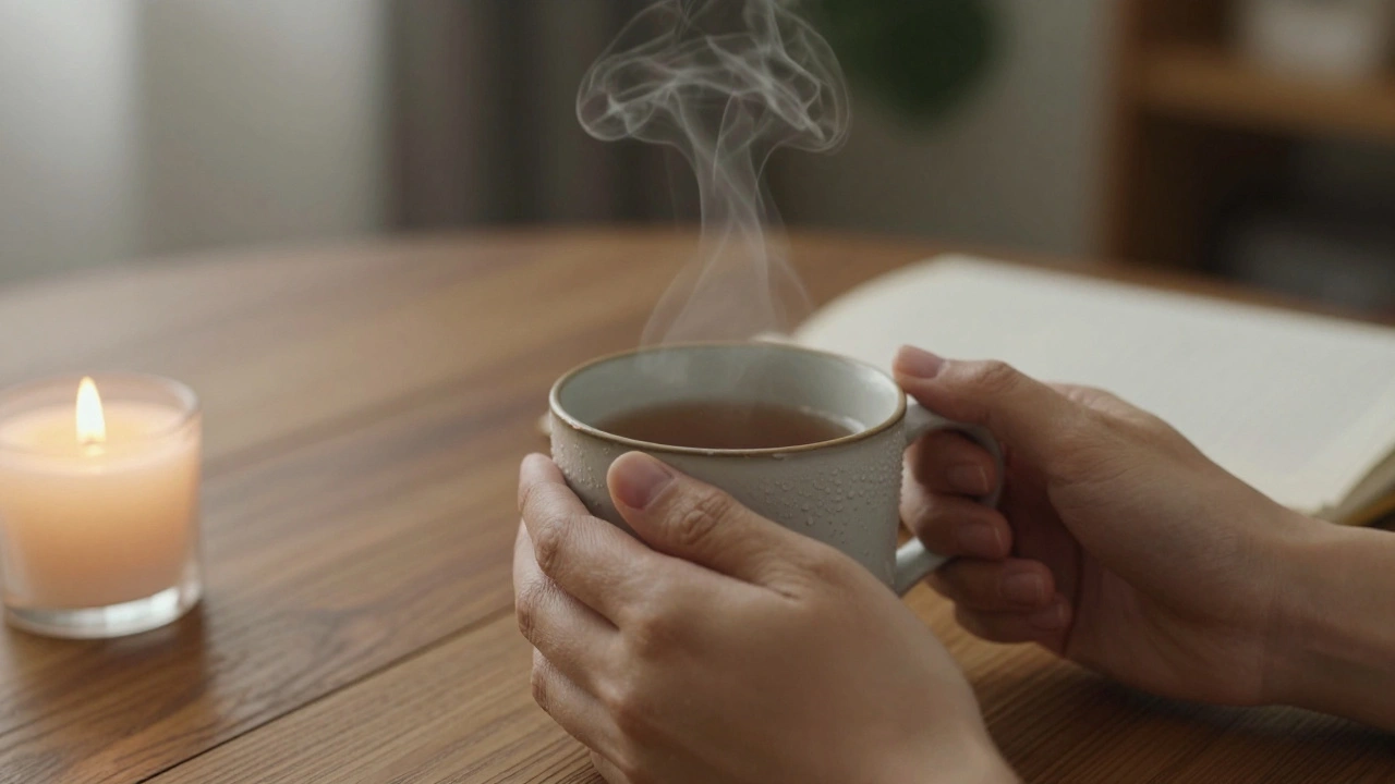 Hands holding a warm mug of tea beside a candle and open journal.