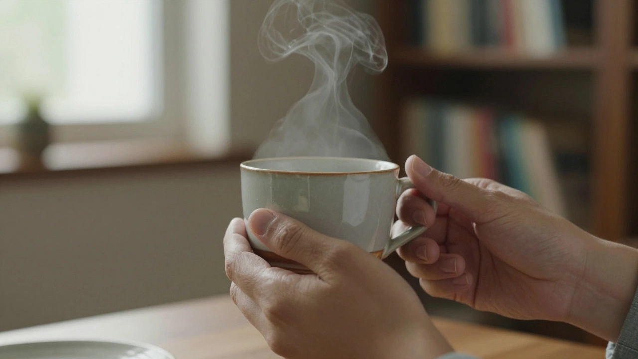 Hands holding a warm teacup with steam rising in natural daylight.