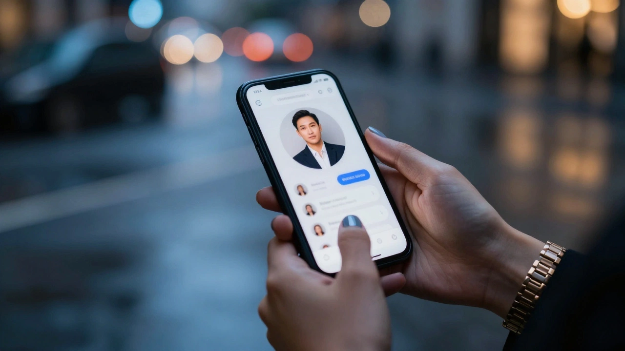Hands holding smartphone with blurred escort profile, city lights in background.