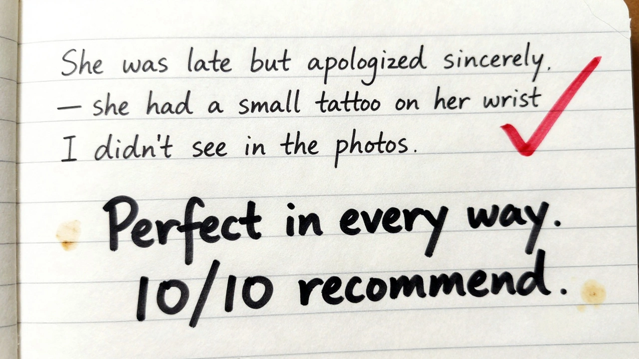 Handwritten note comparing authentic review with generic fake review, coffee stain on paper.
