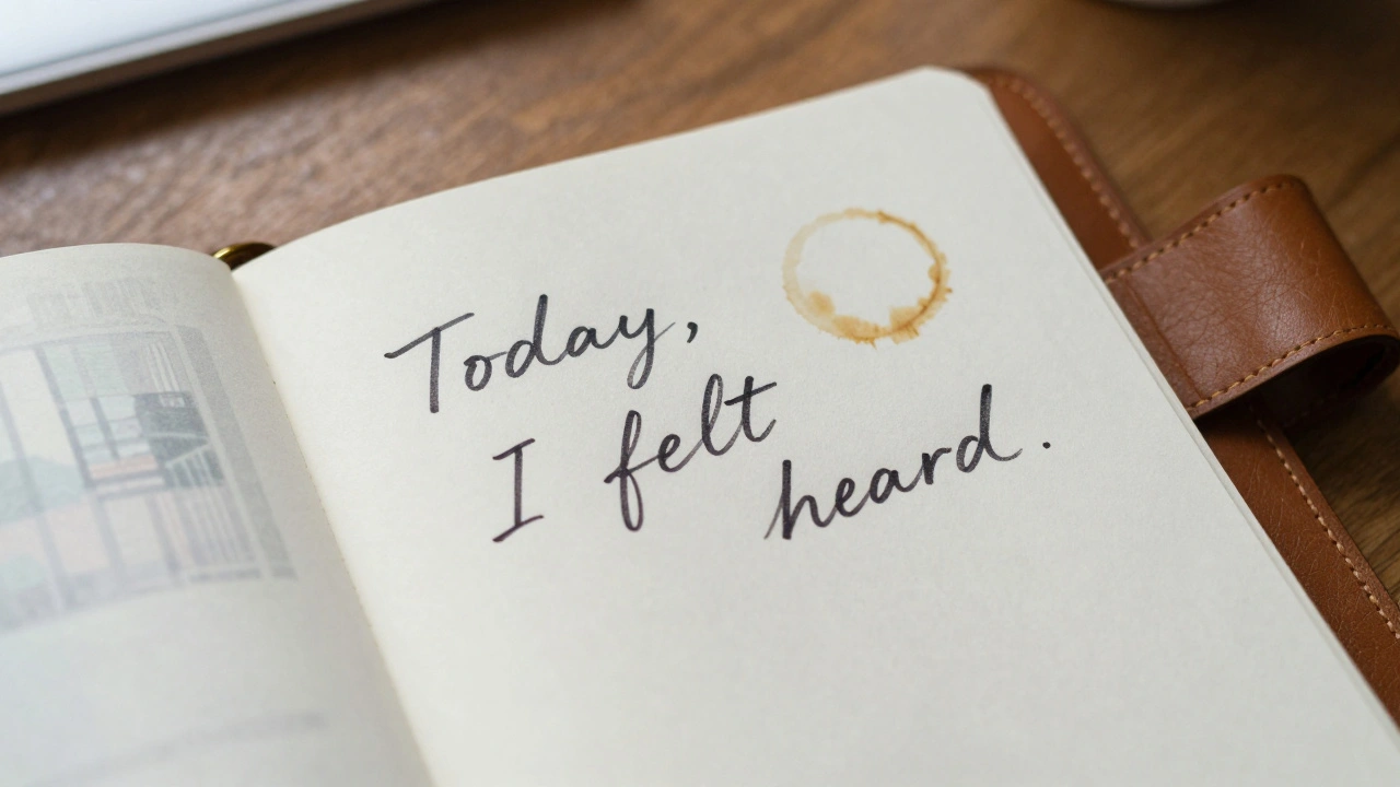 Handwritten note saying &#039;Today, I felt heard&#039; in a notebook beside a coffee stain.
