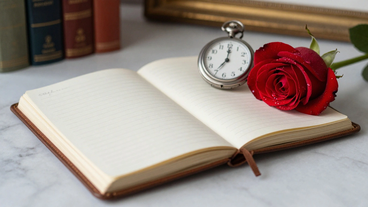 Leather notebook, pocket watch, and rose on marble surface, symbolizing refined companionship.