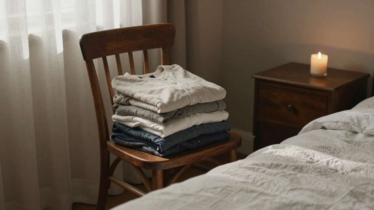 Neatly folded clothes on a chair beside a tidy bed, peaceful and respectful atmosphere.