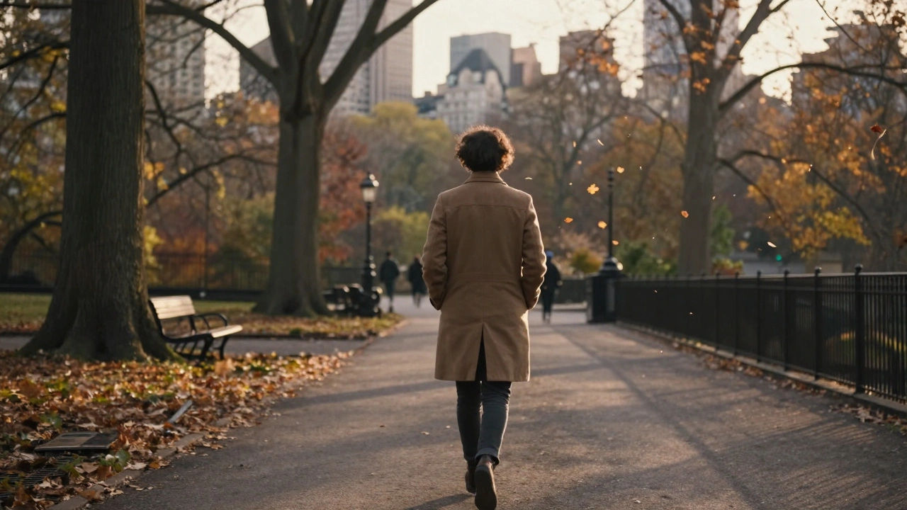 Person walking in Hyde Park at sunset, hands in pockets, autumn leaves falling