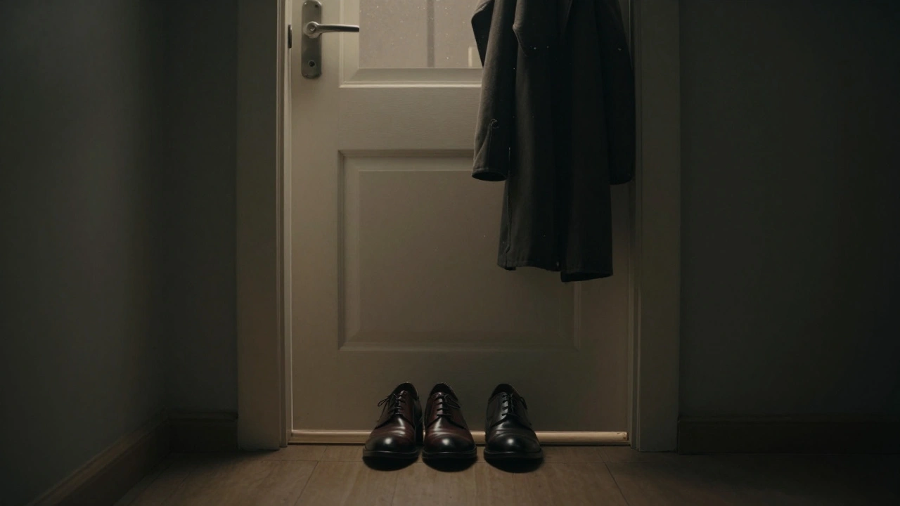 Polished shoes neatly placed by a closed door, coat hanging nearby.