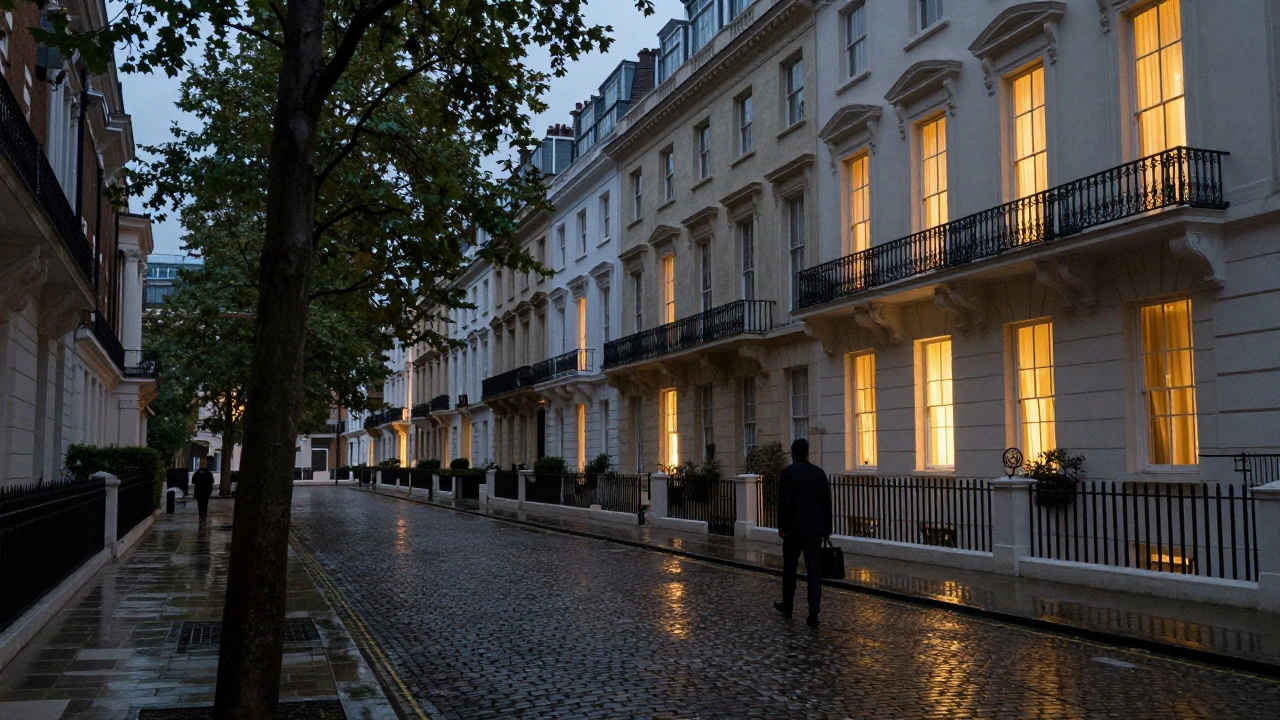 Quiet London street at dusk with elegant townhouses and soft glowing windows.