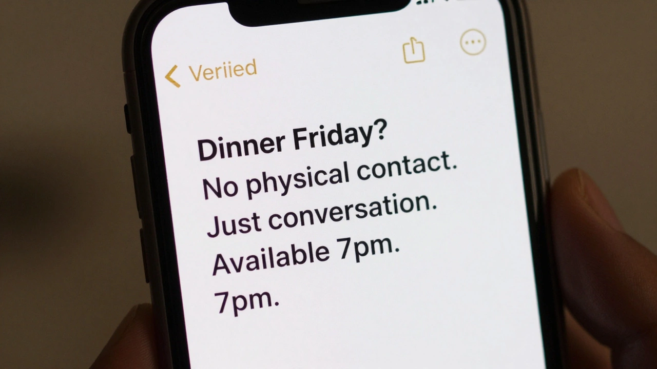 Smartphone screen showing a clean text message from a professional companionship platform.