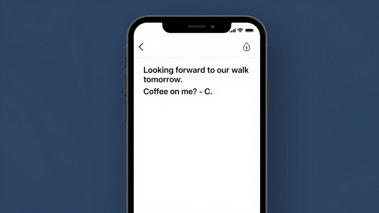 Smartphone screen showing a polite, professional message in a secure messaging app
