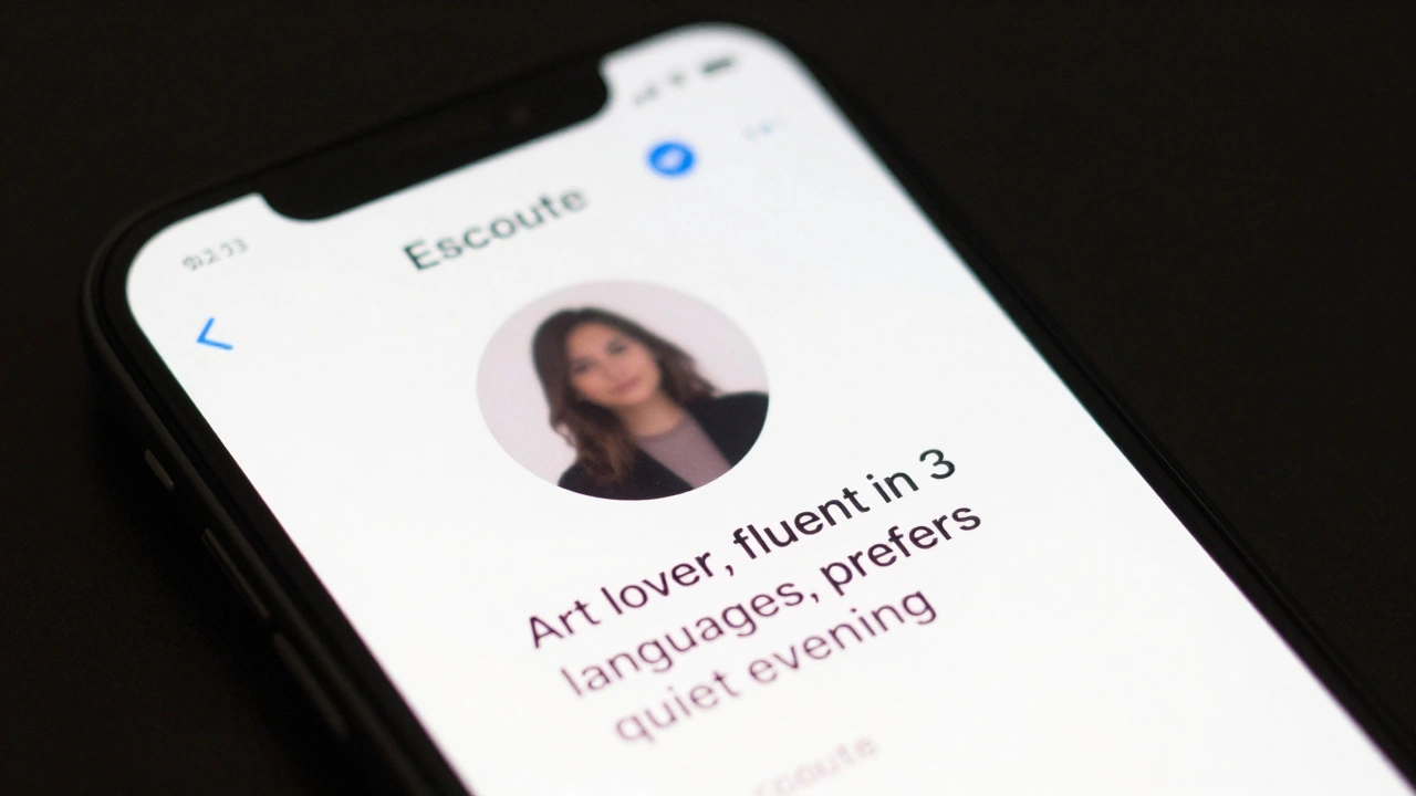 Smartphone screen showing a professional escort profile with blurred silhouette.
