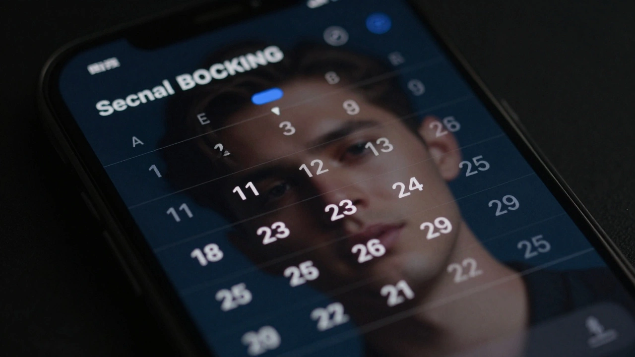 Smartphone screen showing encrypted messaging app with booking calendar, dark mode, no readable text.