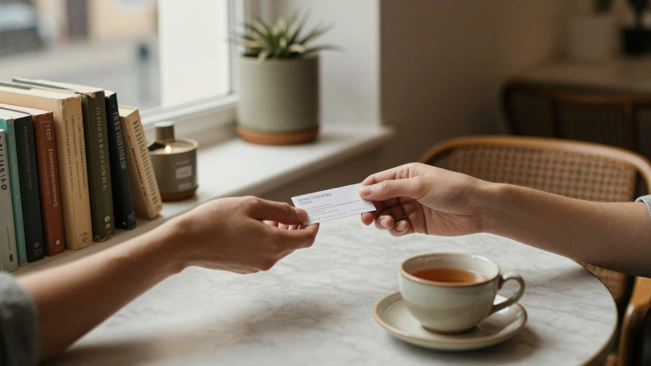 Two hands exchanging a card across a café table, no faces shown.