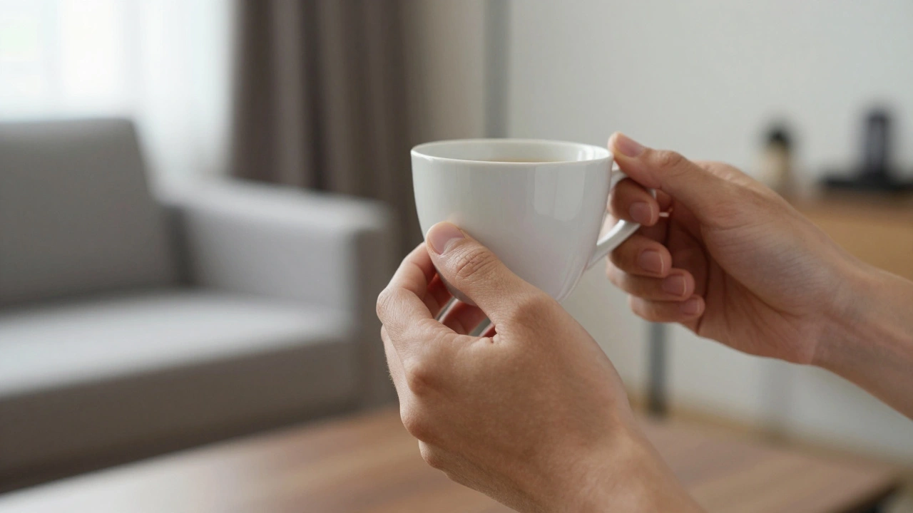 Two hands gently holding a coffee cup, touching lightly.