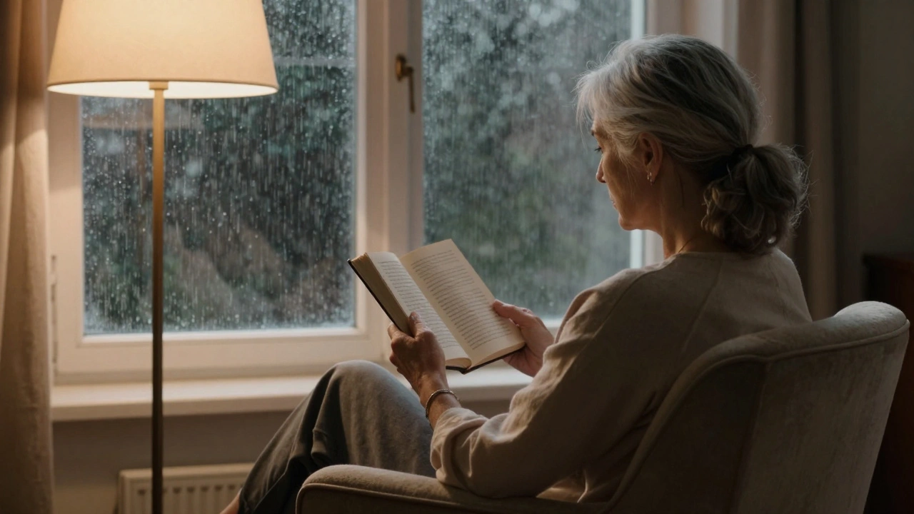 Woman in her 50s reading a book in an armchair, back turned, warm lamplight, rainy window in background.