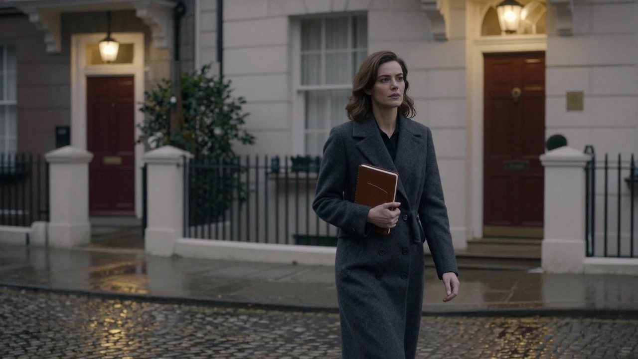 Woman in tailored coat walking through Belgravia at dusk, notebook in hand.
