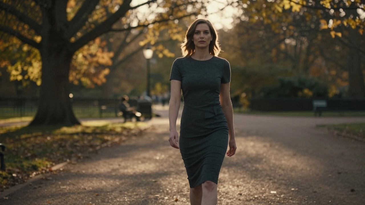 Woman in tailored dress walking confidently through Hyde Park at sunset.