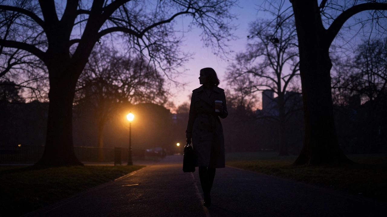 Woman walking through Hyde Park at dusk in trench coat, city lights glowing behind her.