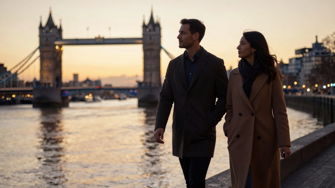 A couple walking calmly along the Thames at sunset, dressed elegantly.