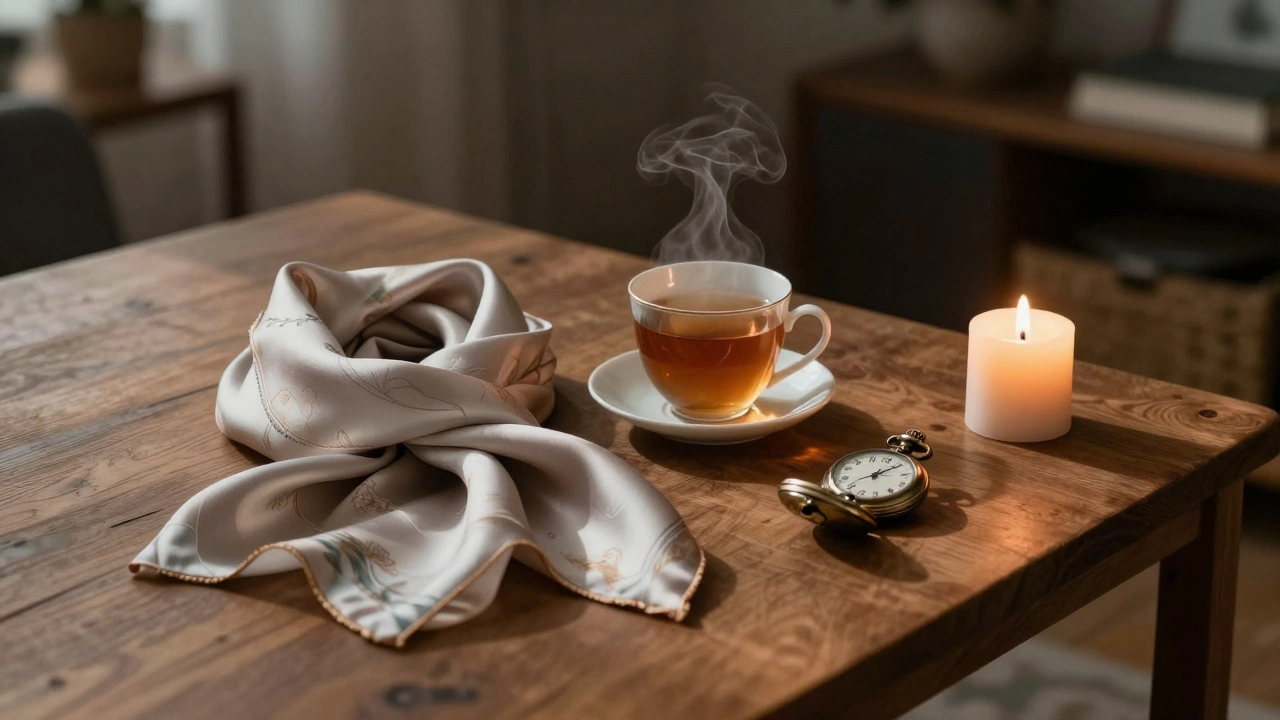 A cup of tea and a folded scarf on a wooden table, symbolizing quiet comfort.