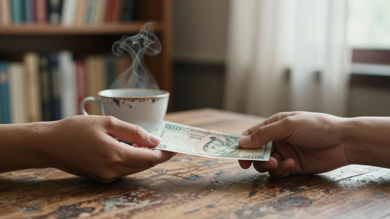 A hand offering cash beside a steaming teacup on a wooden table, symbolizing care and exchange.