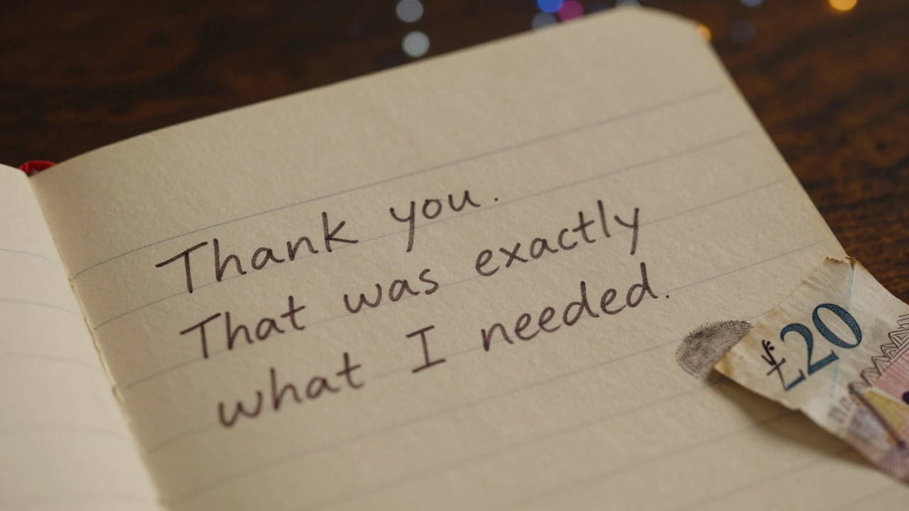 A handwritten thank-you note on lined paper, softly lit and emotionally resonant.