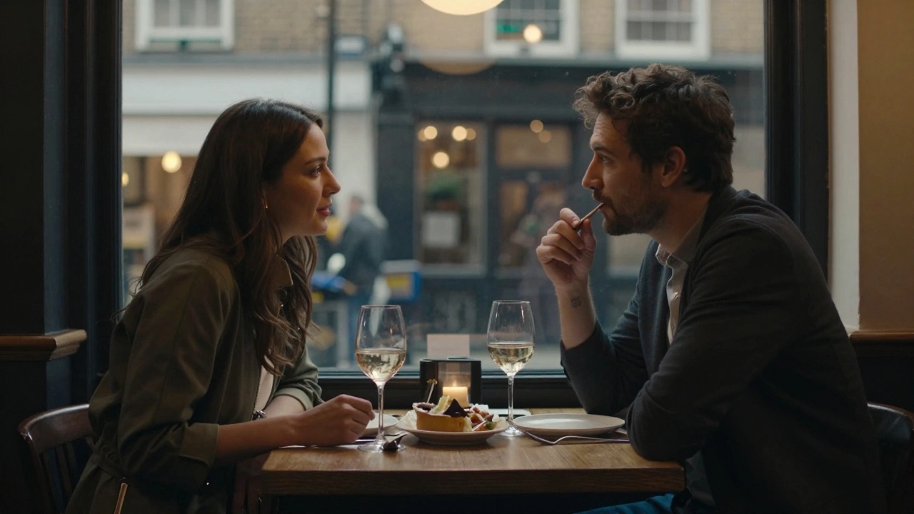 A man and woman having quiet dinner conversation in a London restaurant.