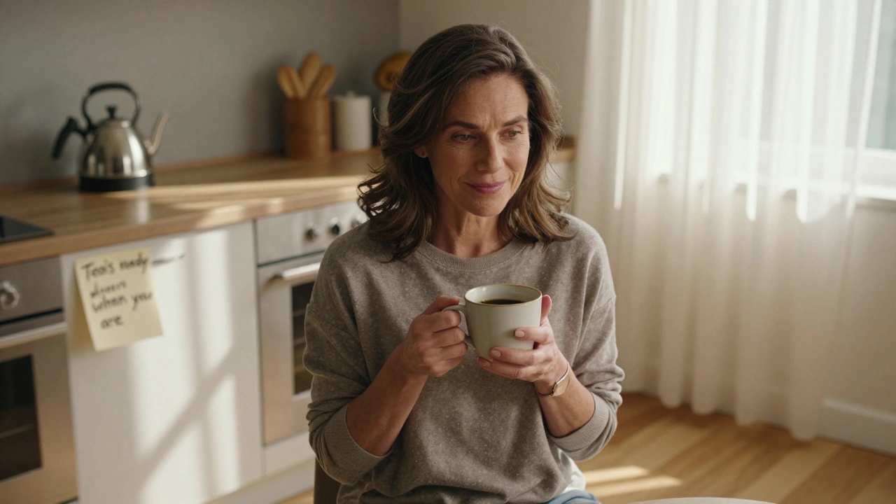 A mature woman smiling warmly while holding a cup of coffee in a sunlit kitchen.
