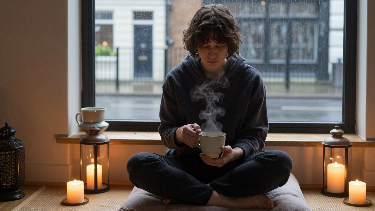 A person sipping tea after a massage, eyes closed, surrounded by soft light and a quiet London street outside.