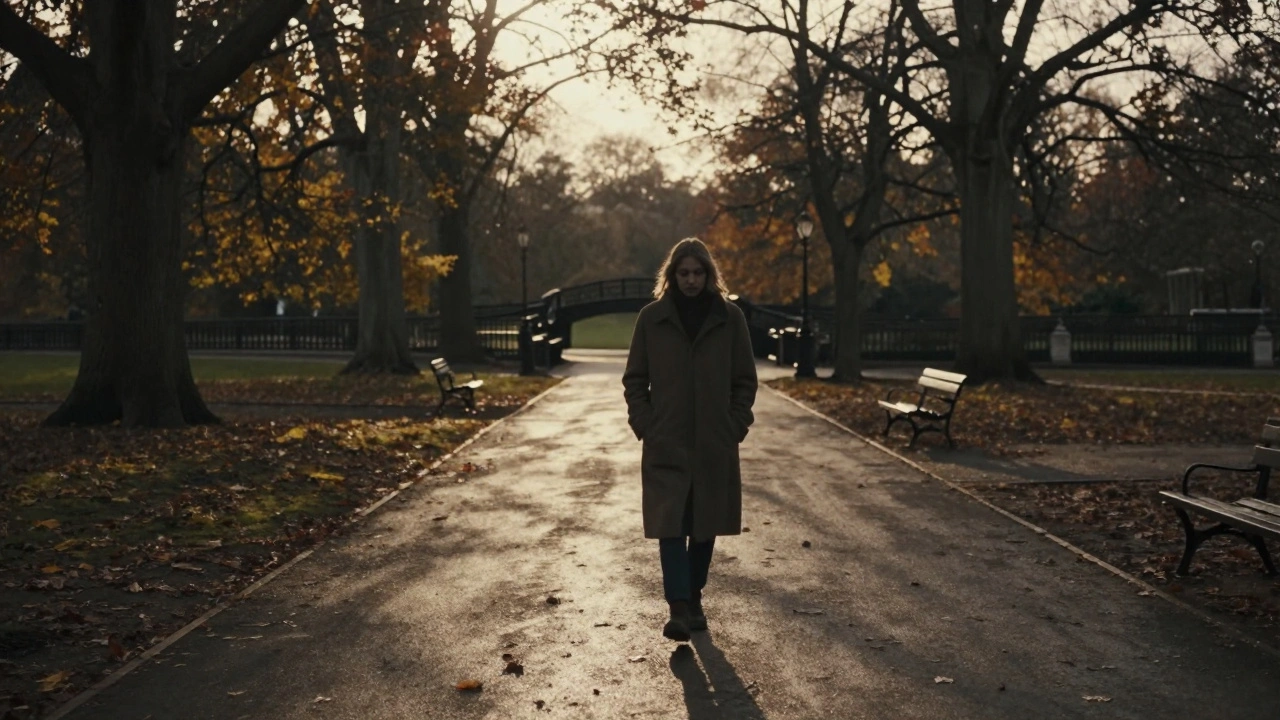 A person walking alone in a peaceful London park at dusk, surrounded by autumn trees and soft golden light.