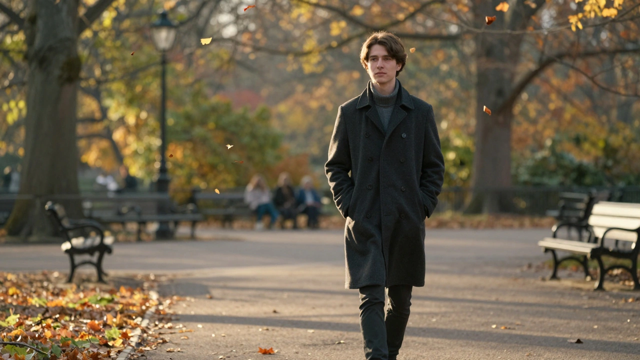 A person walking alone in Hyde Park at sunset, exuding calm and quiet reflection.