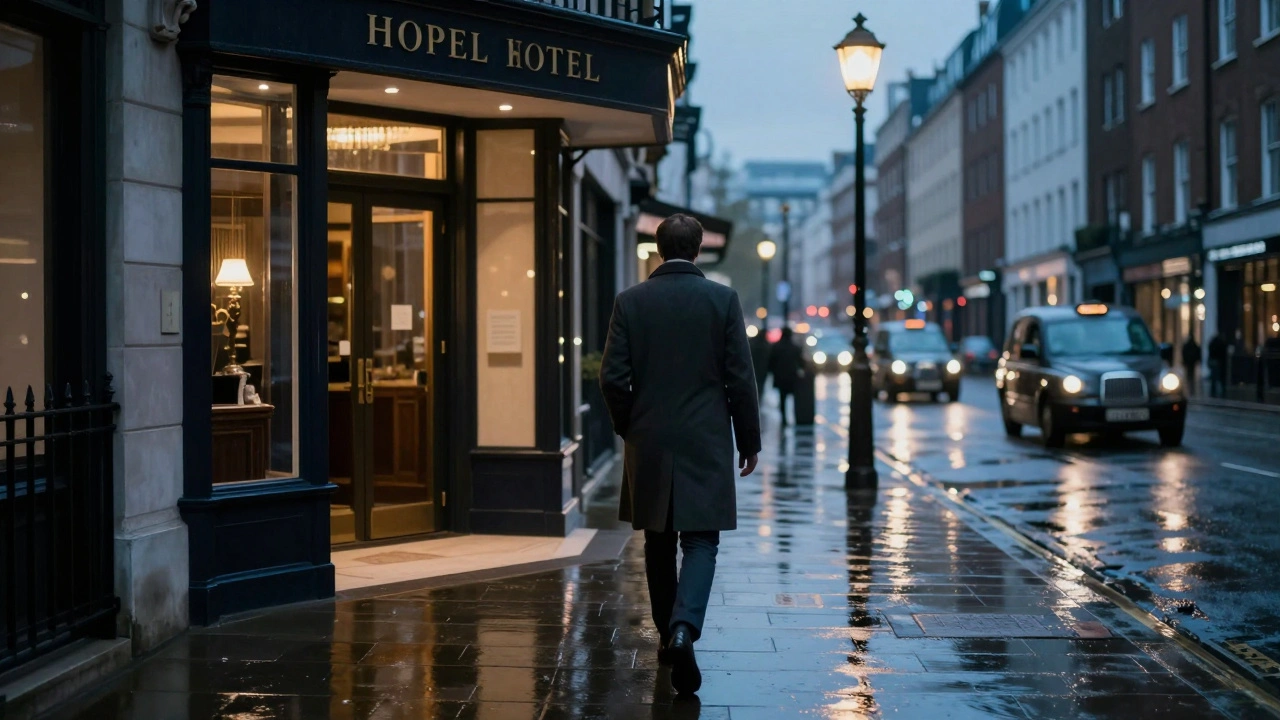 A person walking away from a boutique hotel on a rainy London street at dusk.