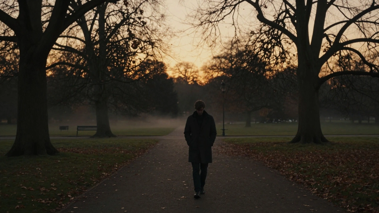 A person walking thoughtfully through Regent’s Park at sunset