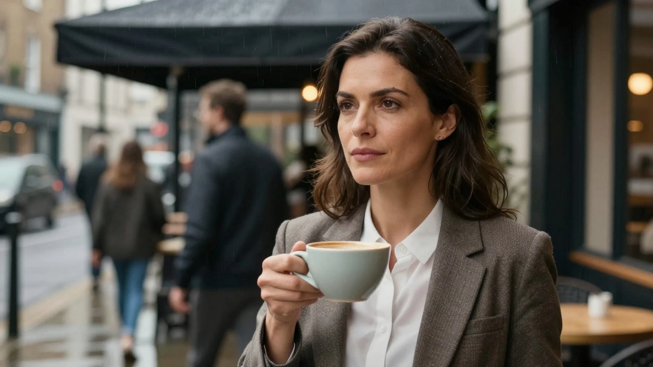 A professional woman holding coffee outside a London café in light rain.
