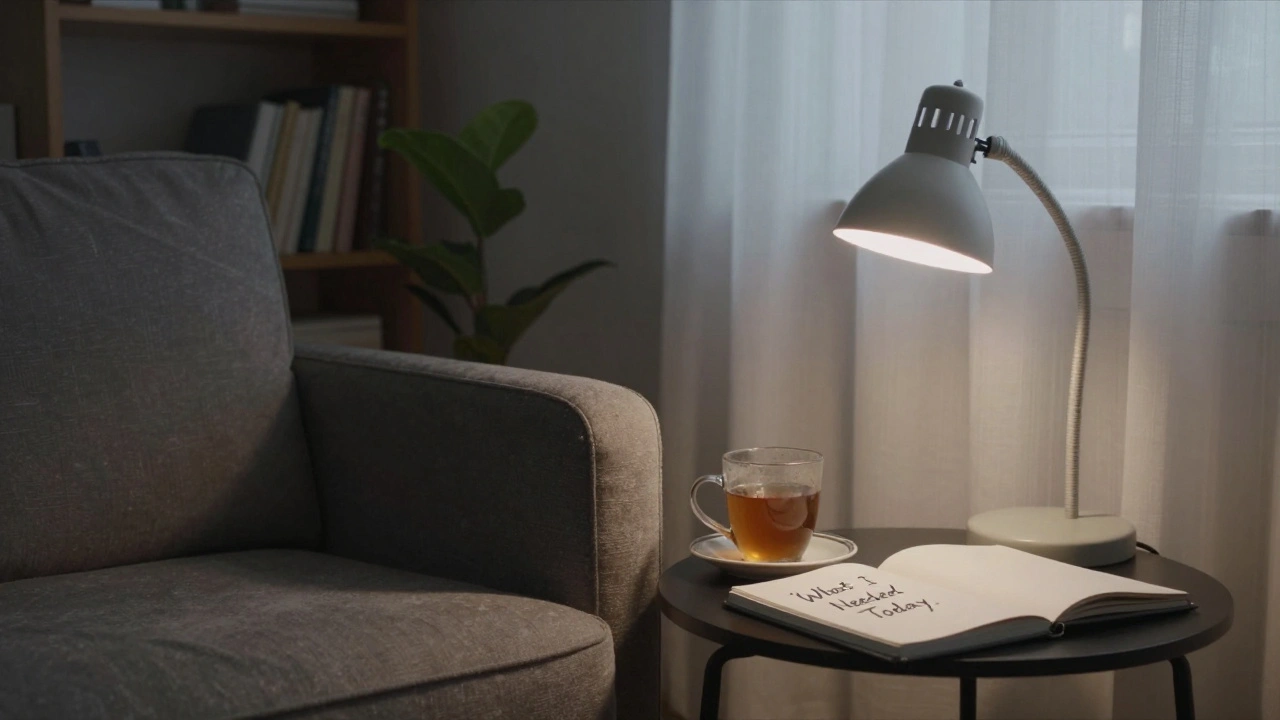 A quiet apartment interior with a reading lamp, tea cup, and handwritten notebook.