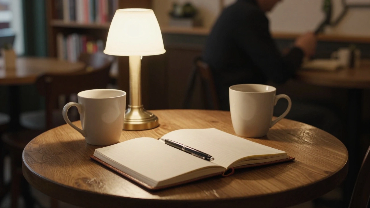 A quiet café table with two mugs and an open notebook in soft lighting.