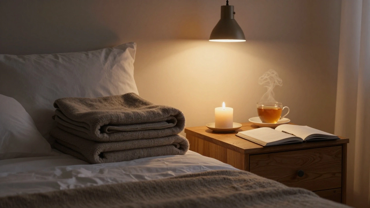 A quiet hotel room with a candle, folded blanket, and steaming tea.