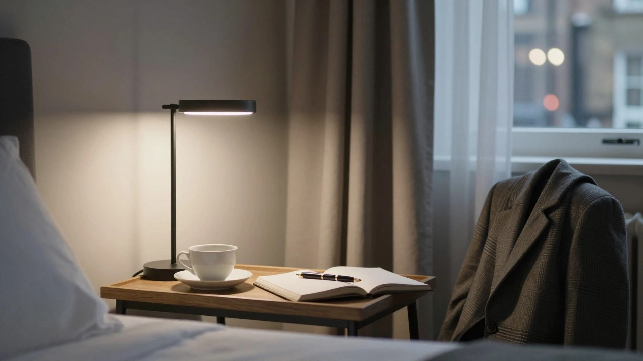 A quiet hotel room with a teacup and open journal on a table