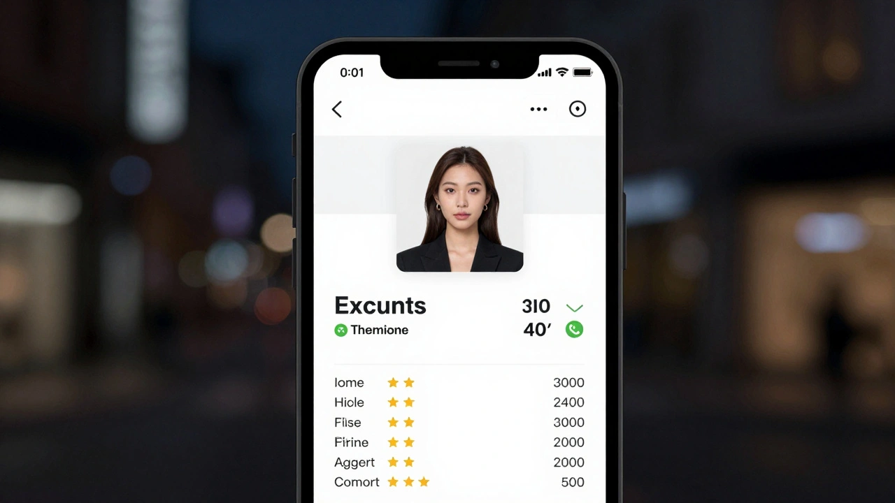 A smartphone displaying a blurred escort profile with verified reviews and pricing.