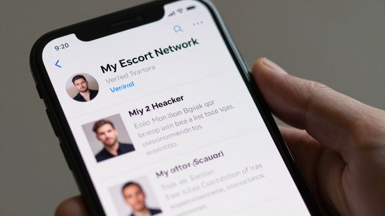 A smartphone showing a verified escort directory website with professional profiles and no visible faces.
