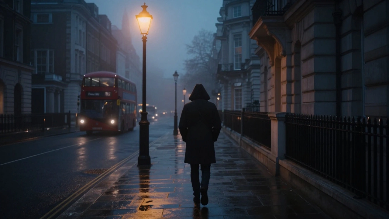 A solitary person walks down a wet London street at dusk under a glowing streetlamp.