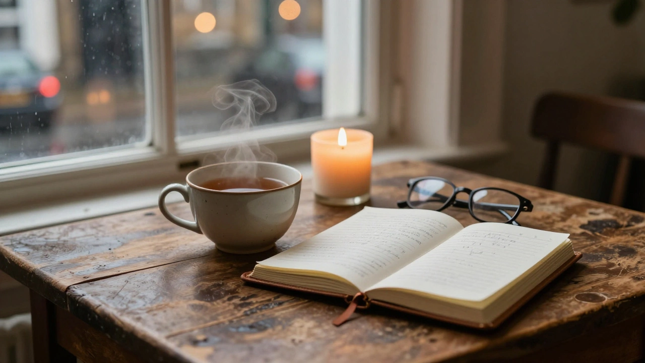 A steaming cup of tea, open journal, and flickering candle on a wooden table in a cozy room.
