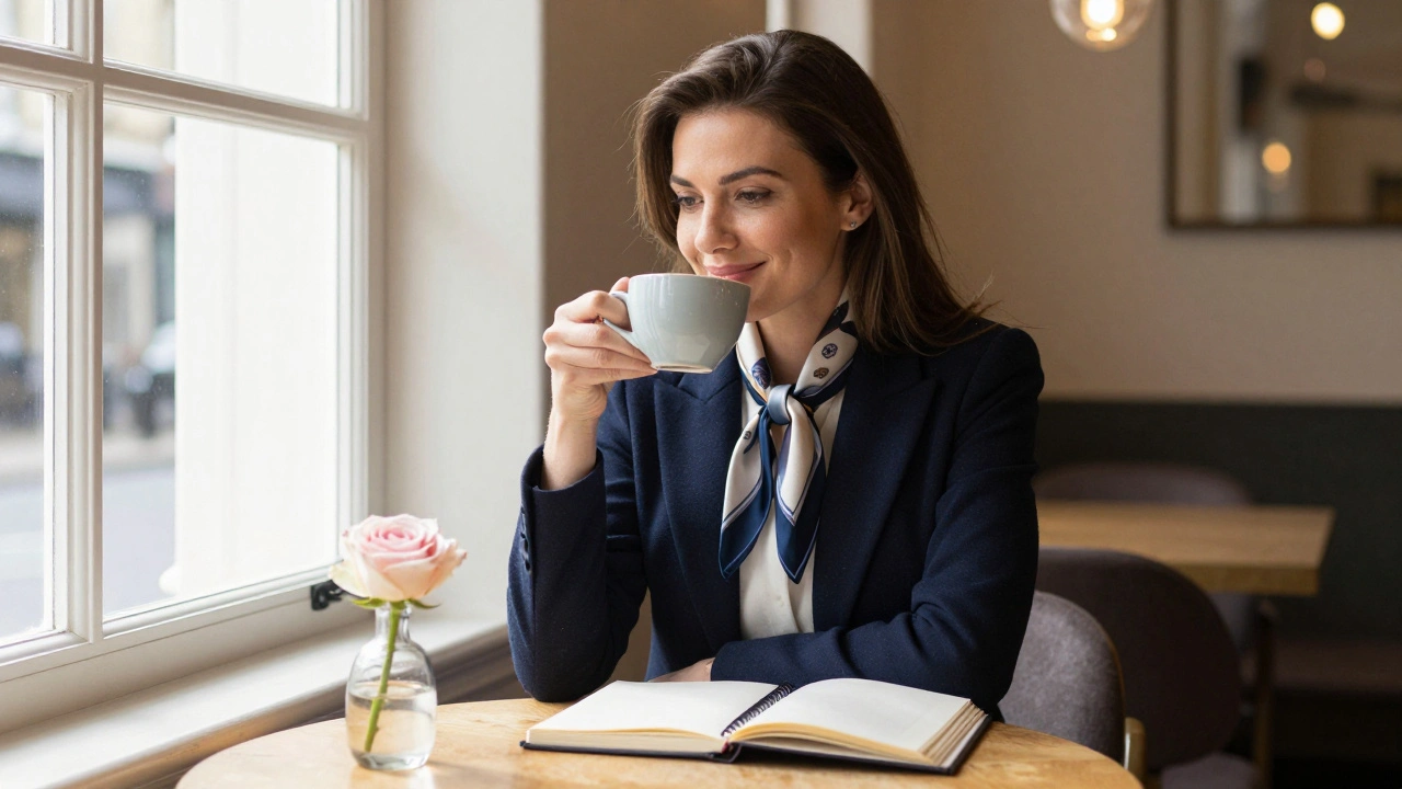 A well-dressed woman smiling gently at a café table in Kensington, calm and composed.