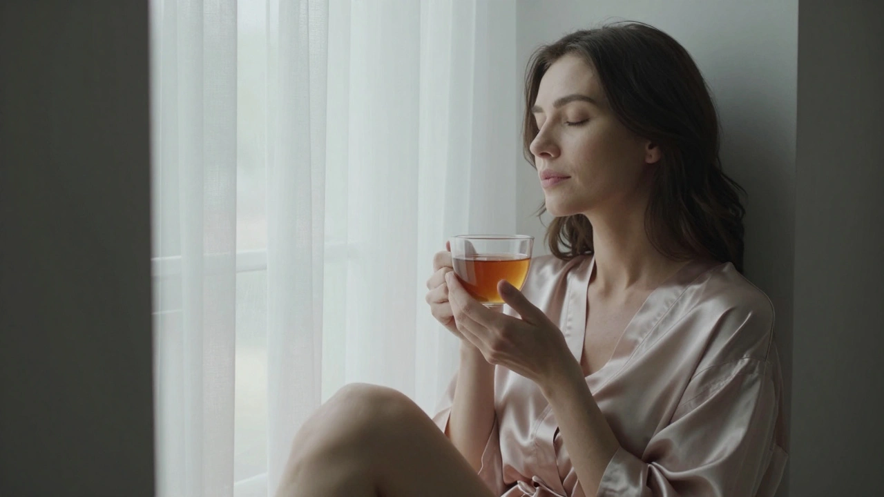 A woman in a silk robe sipping tea quietly after a session, radiating peace and relaxation.