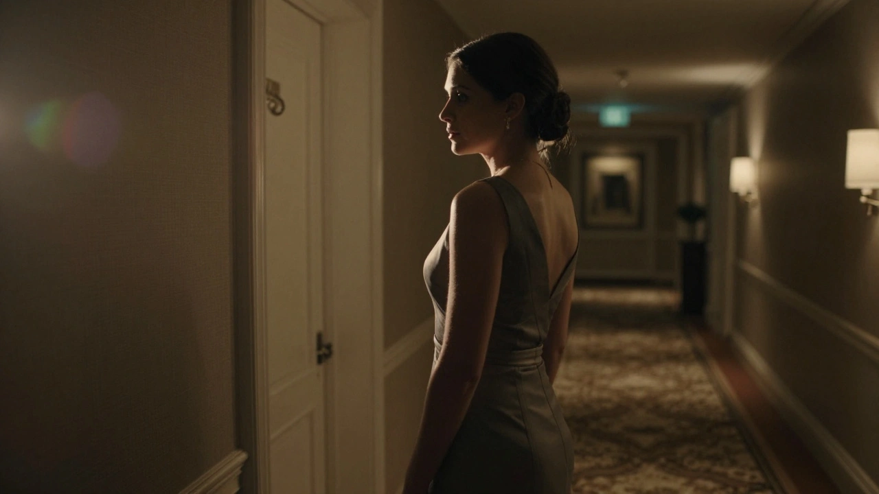 A woman in elegant attire standing away from the camera, conveying discretion and dignity.