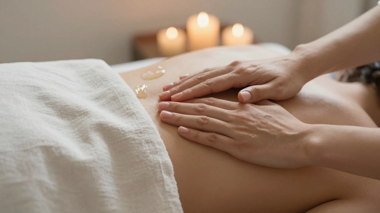 Gentle hands applying oil to a draped back, emphasizing slow, mindful touch without exposure.