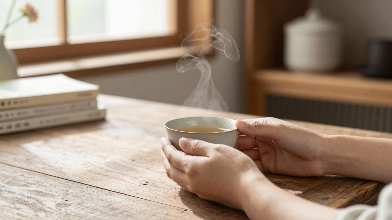 Hands holding a cup of tea in natural light, serene and intimate setting.