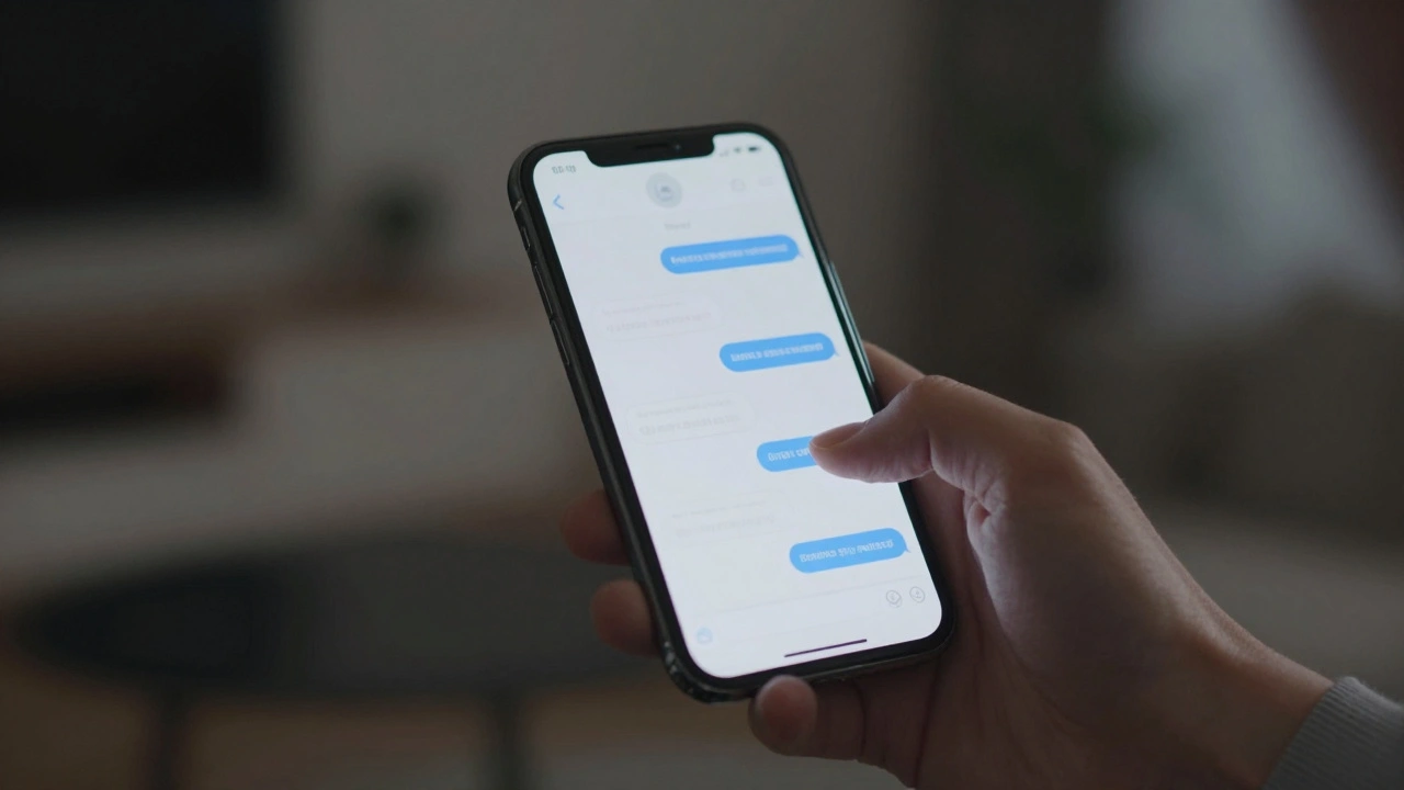 Hands holding a smartphone with a secure messaging app displayed.