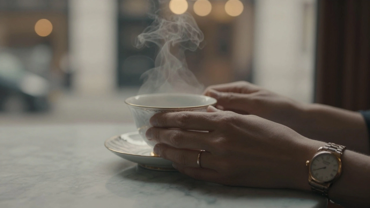 Hands holding a teacup, one with a wedding ring, the other with a watch, steam rising softly.